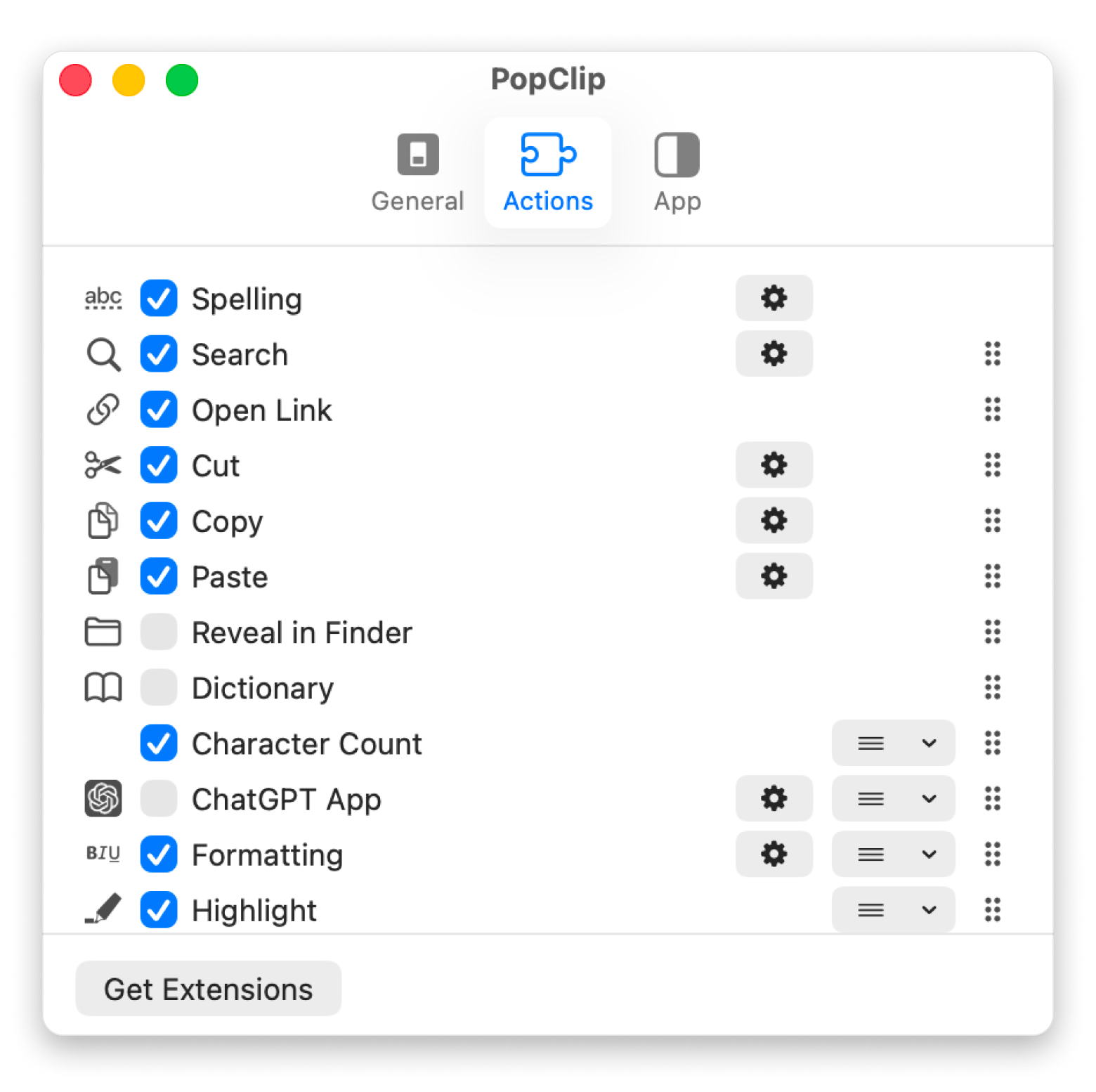Le menu contextuel de PopClip avec des actions rapides sur du texte sélectionné, une app d'automatisation disponible sur Setapp